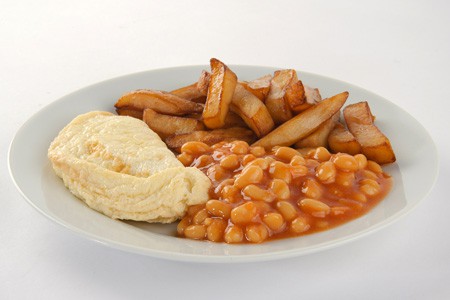 Omelette chips and beans