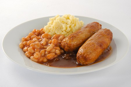 Sausage in onion gravy with beans